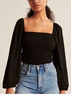 ABERCROMBIE & FITCH BLACK SMOCKED LONG SLEEVES BLOUSE